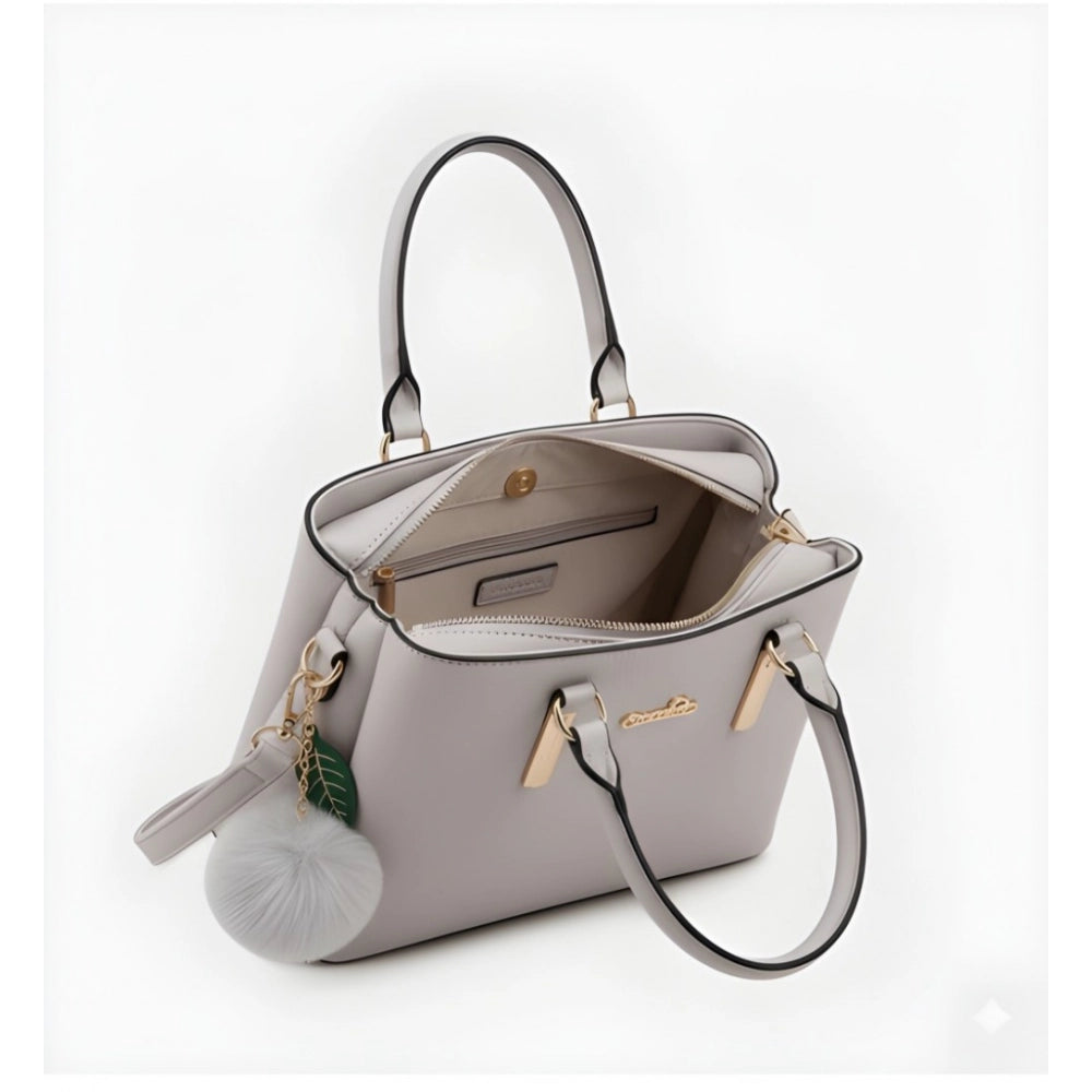 Elegant Grey PU Leather Shoulder Handbag with Zipper & Fur Charm