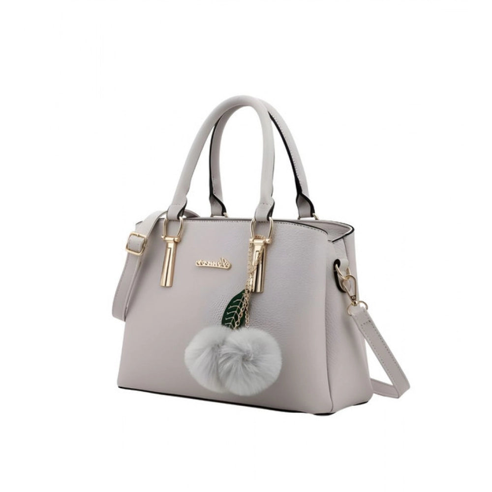 Elegant Grey PU Leather Shoulder Handbag with Zipper & Fur Charm