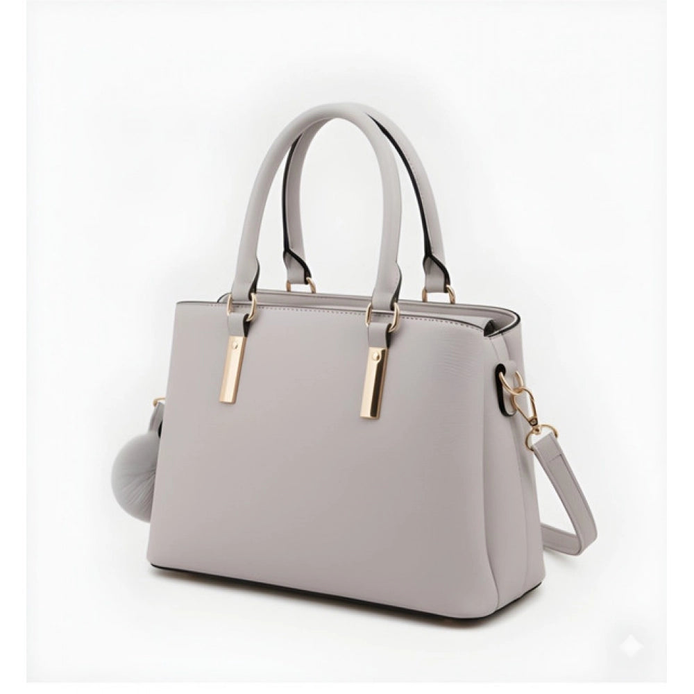 Elegant Grey PU Leather Shoulder Handbag with Zipper & Fur Charm