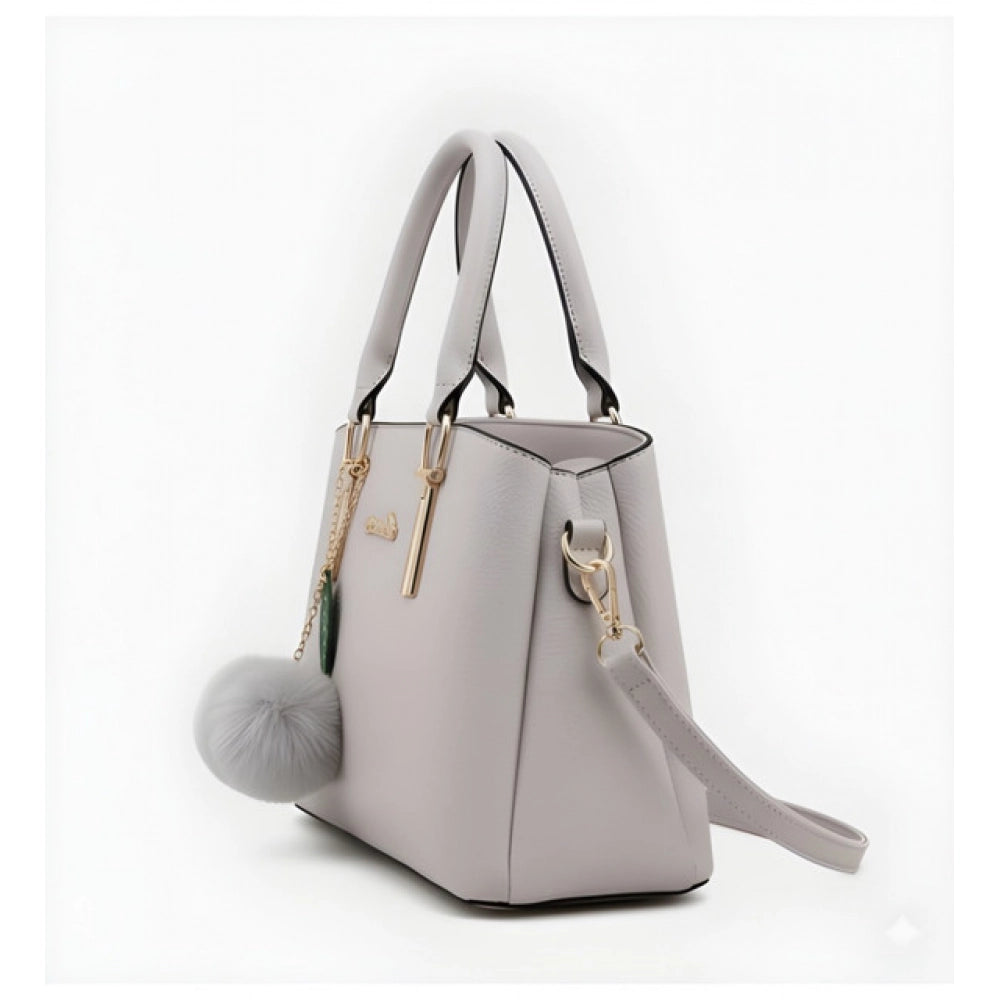 Elegant Grey PU Leather Shoulder Handbag with Zipper & Fur Charm